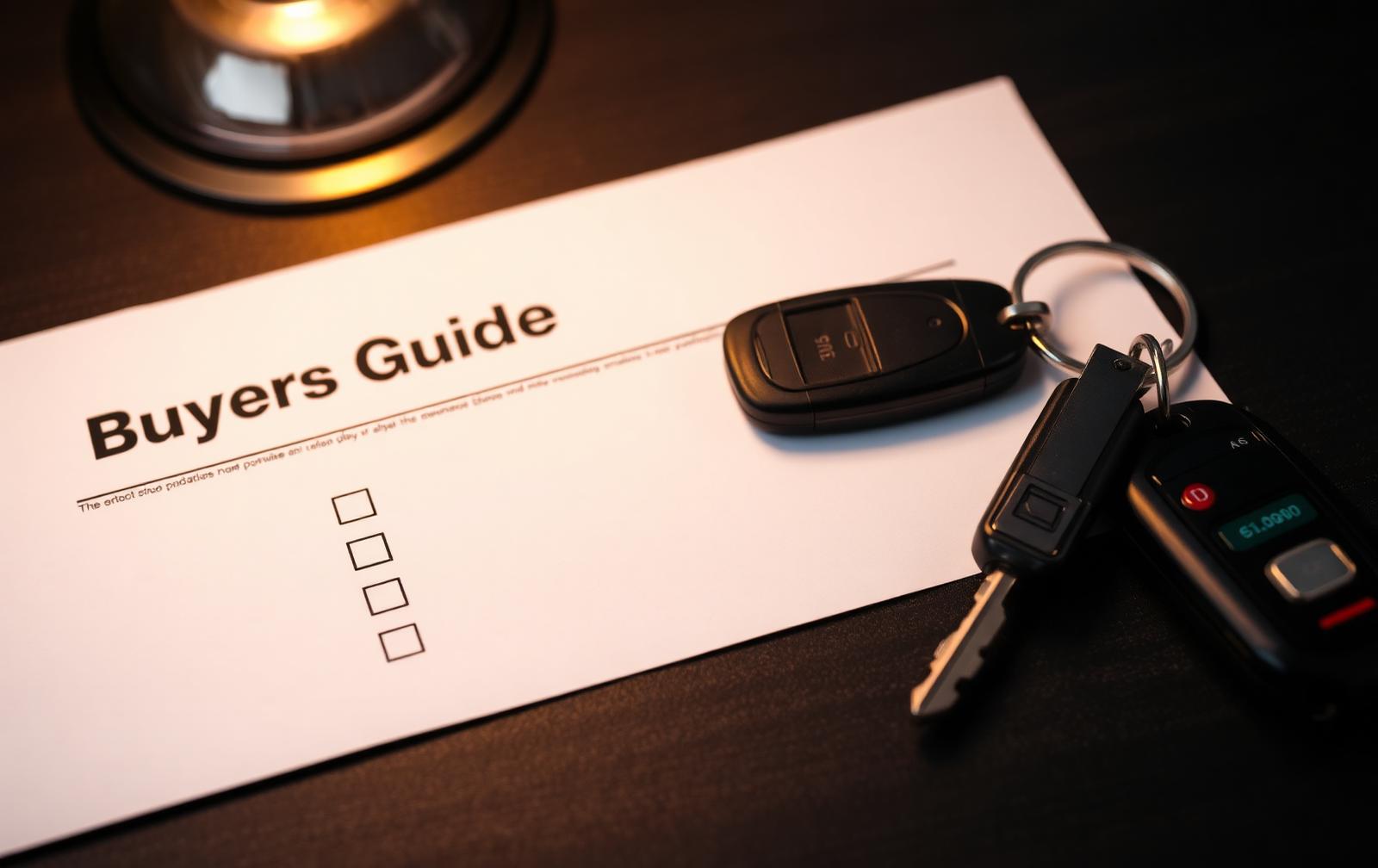 Buyers guide as-is disclosure document with checkboxes on a dark desk beside car keys