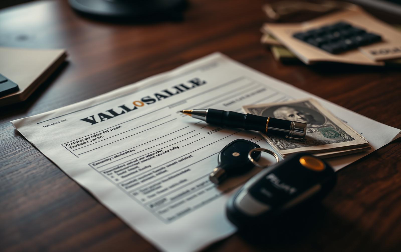 Completed vehicle bill of sale form with a pen, cash and car keys on a dark desk