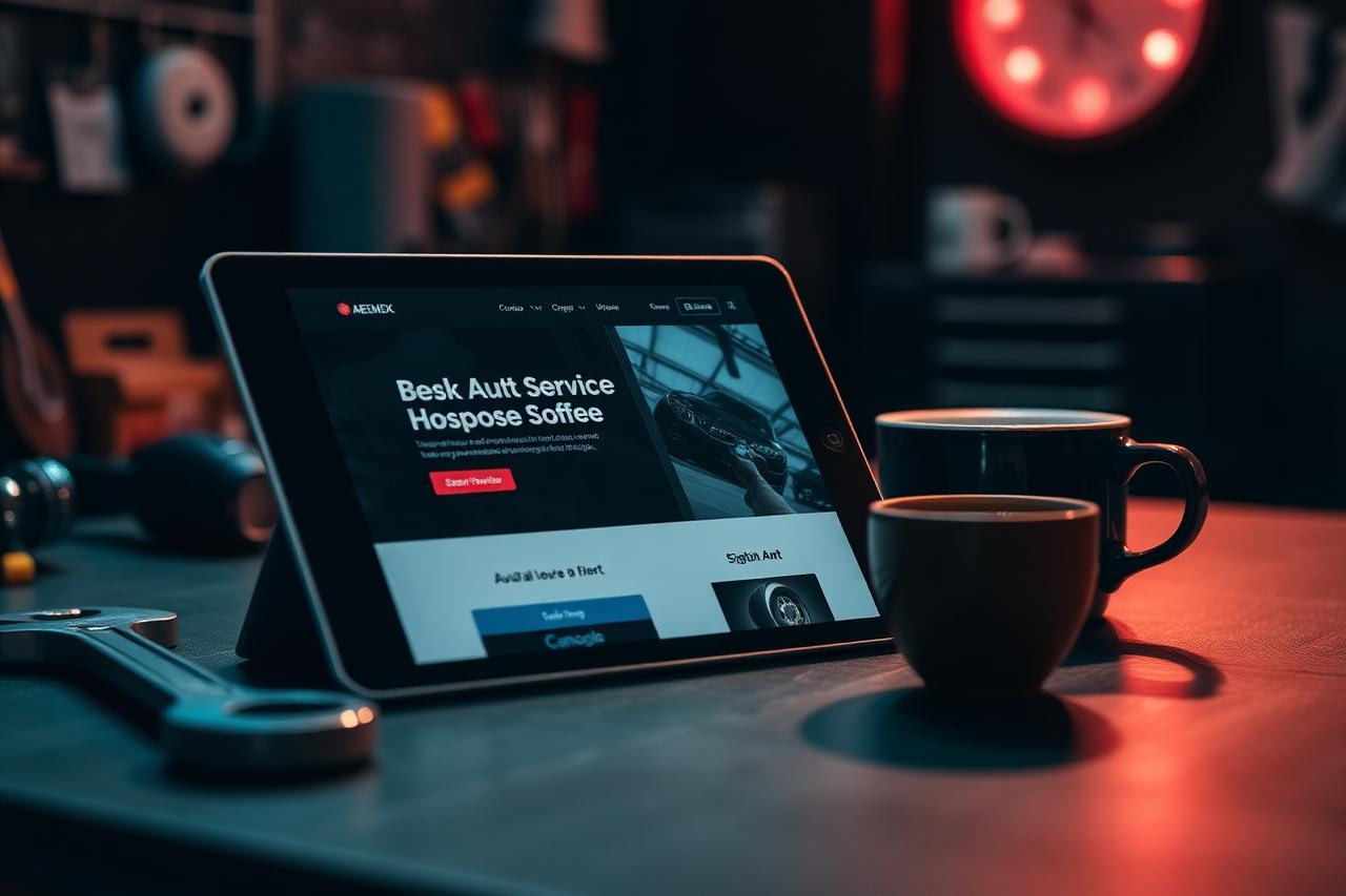 Tablet showing an auto service website homepage on a dark shop desk
