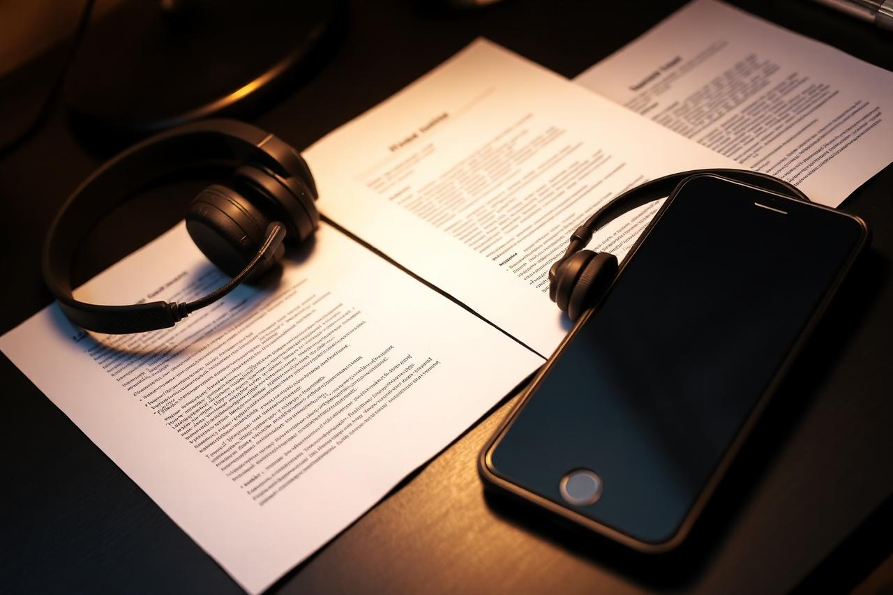 Printed phone call script pages and a headset on a dark desk