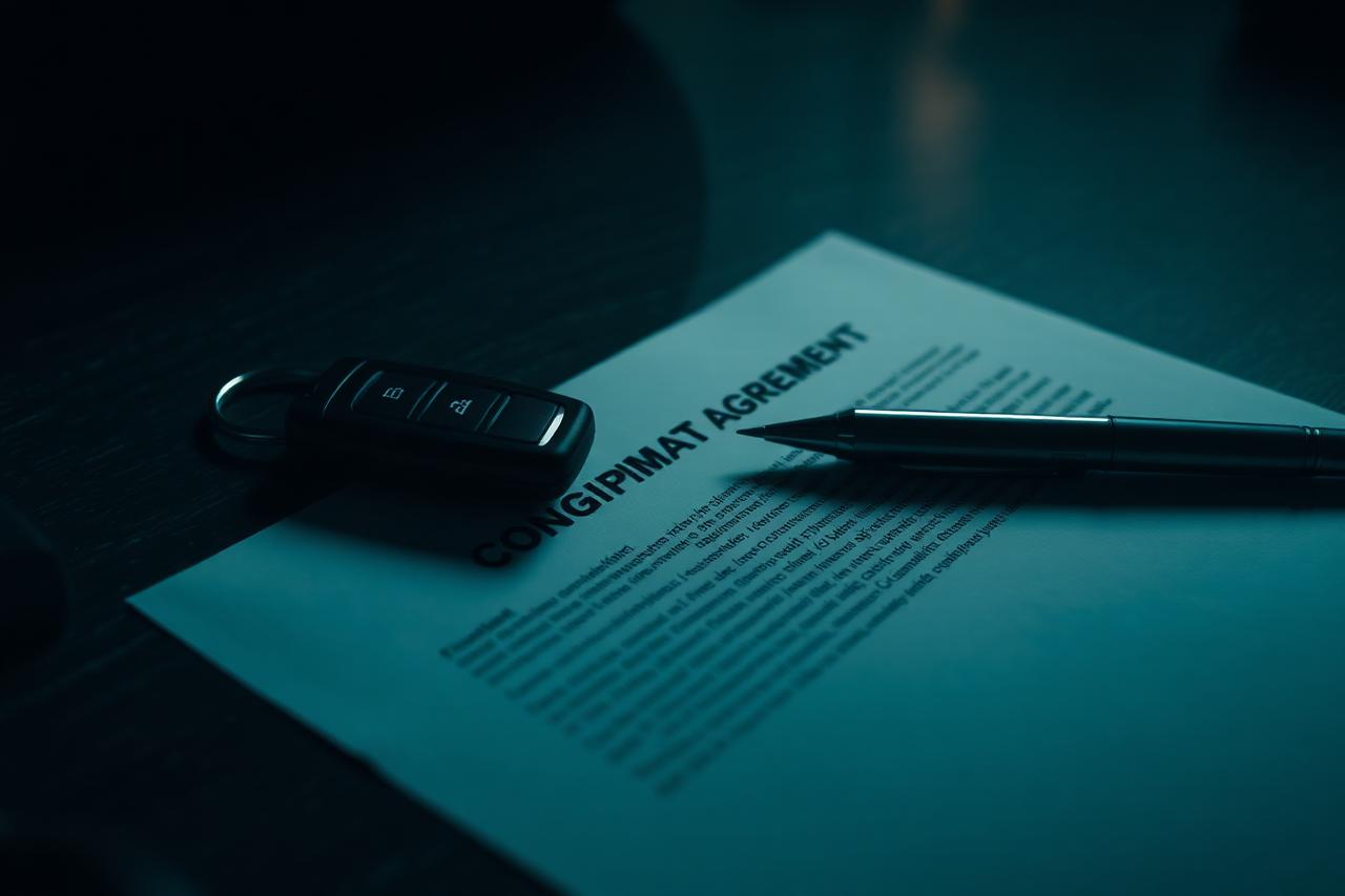 Vehicle consignment agreement with a pen and car key fob on a dark desk