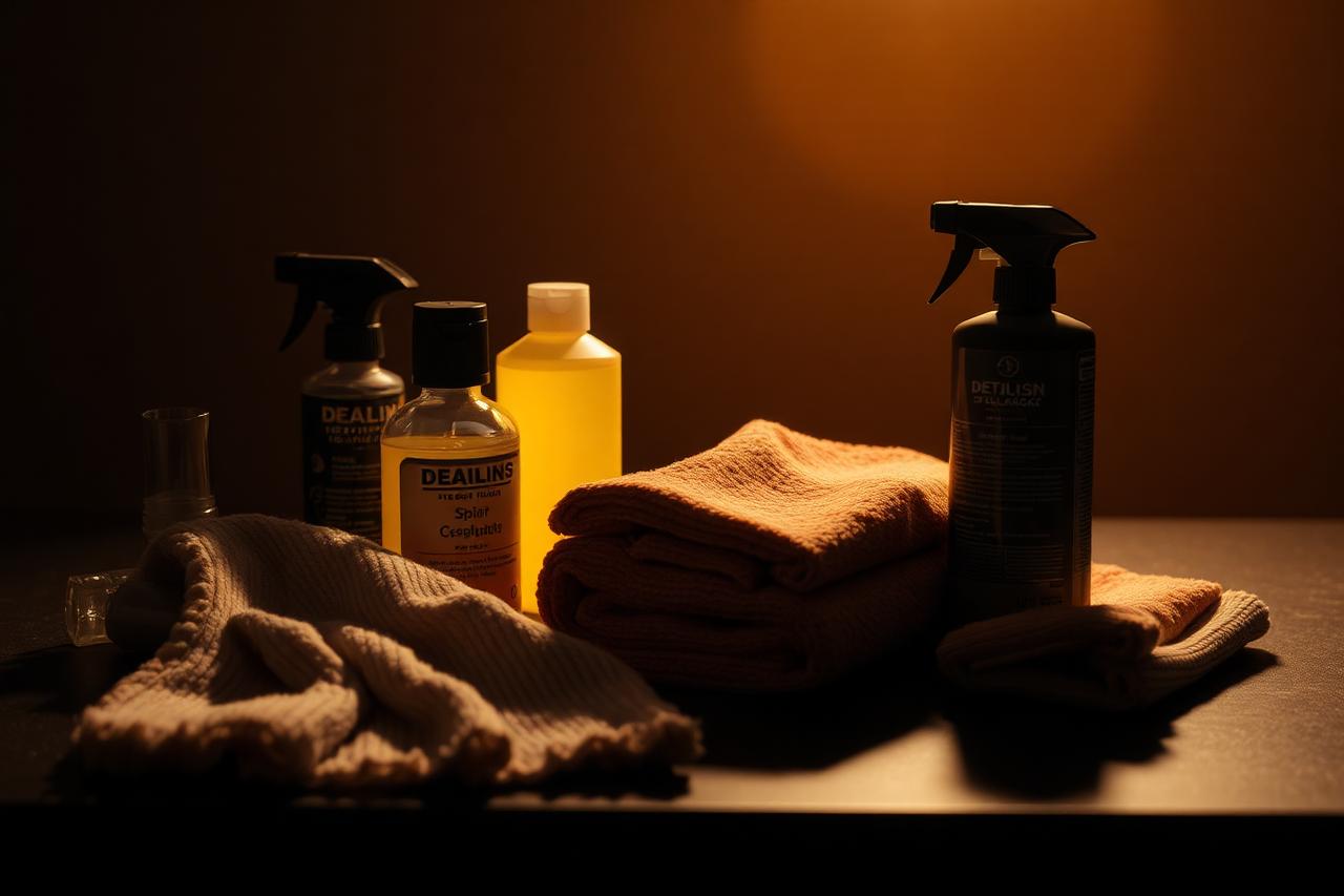 Detailing supplies, microfiber towels and polish bottles on a dark surface