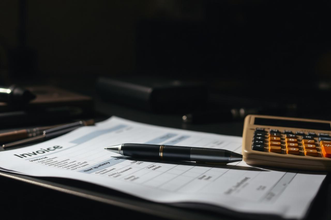 Printed itemized invoice with a pen and calculator on a workshop desk