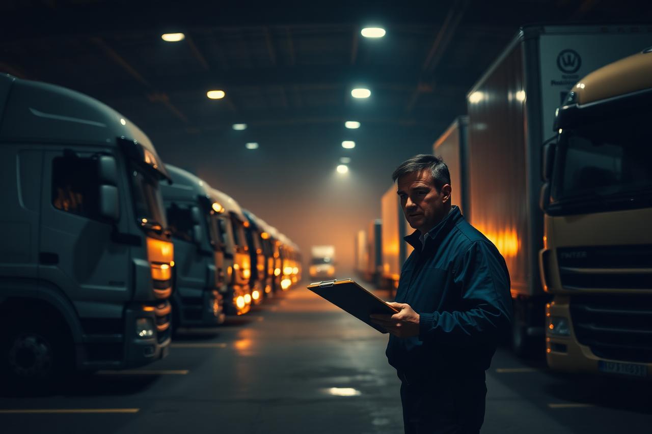 Fleet manager with a clipboard beside parked company vehicles in a depot