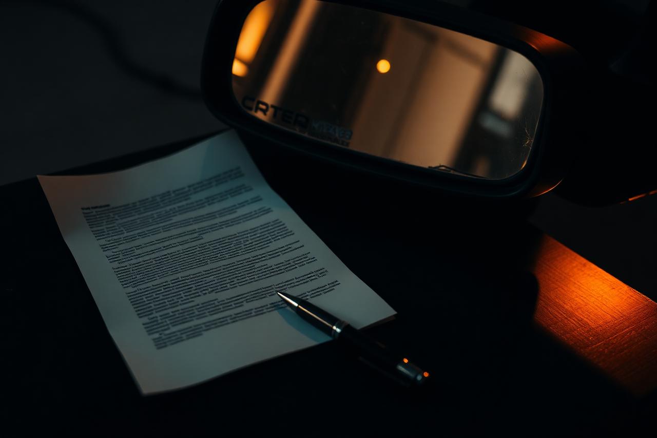 A printed claim letter and pen on a dark desk beside a broken side mirror