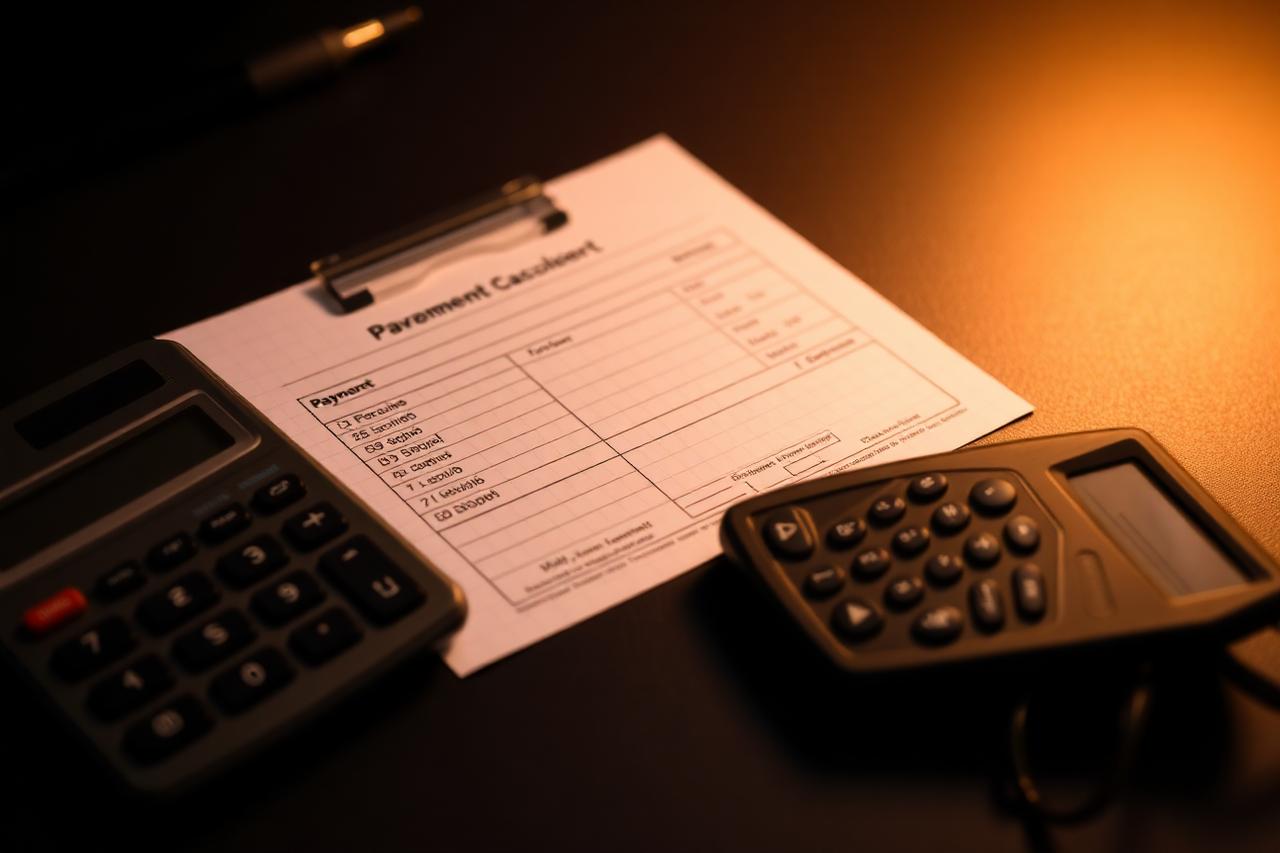 Calculator, pen and payment worksheet on a dark desk beside car keys