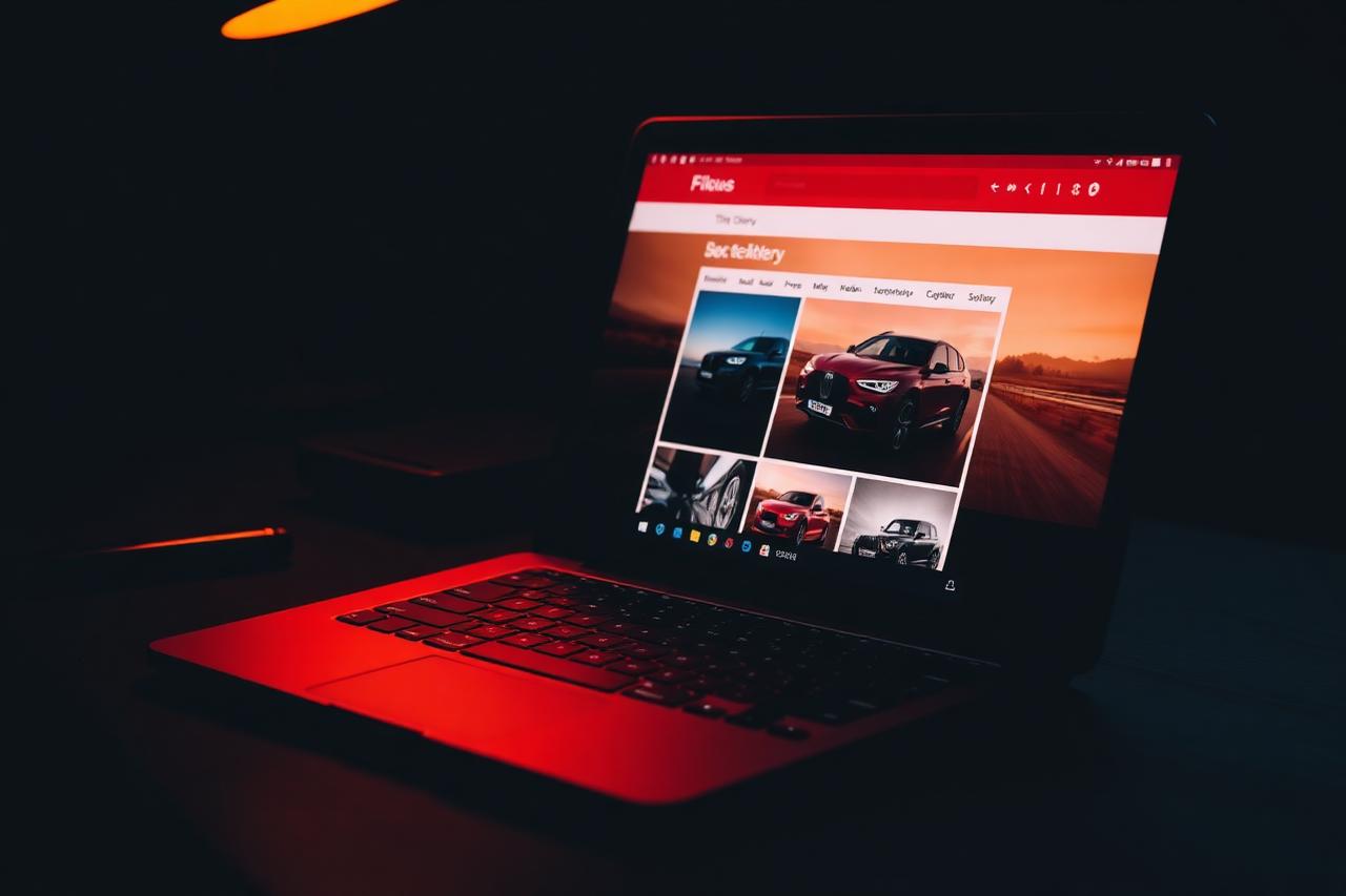 Laptop showing a vehicle listing photo gallery on a dark desk