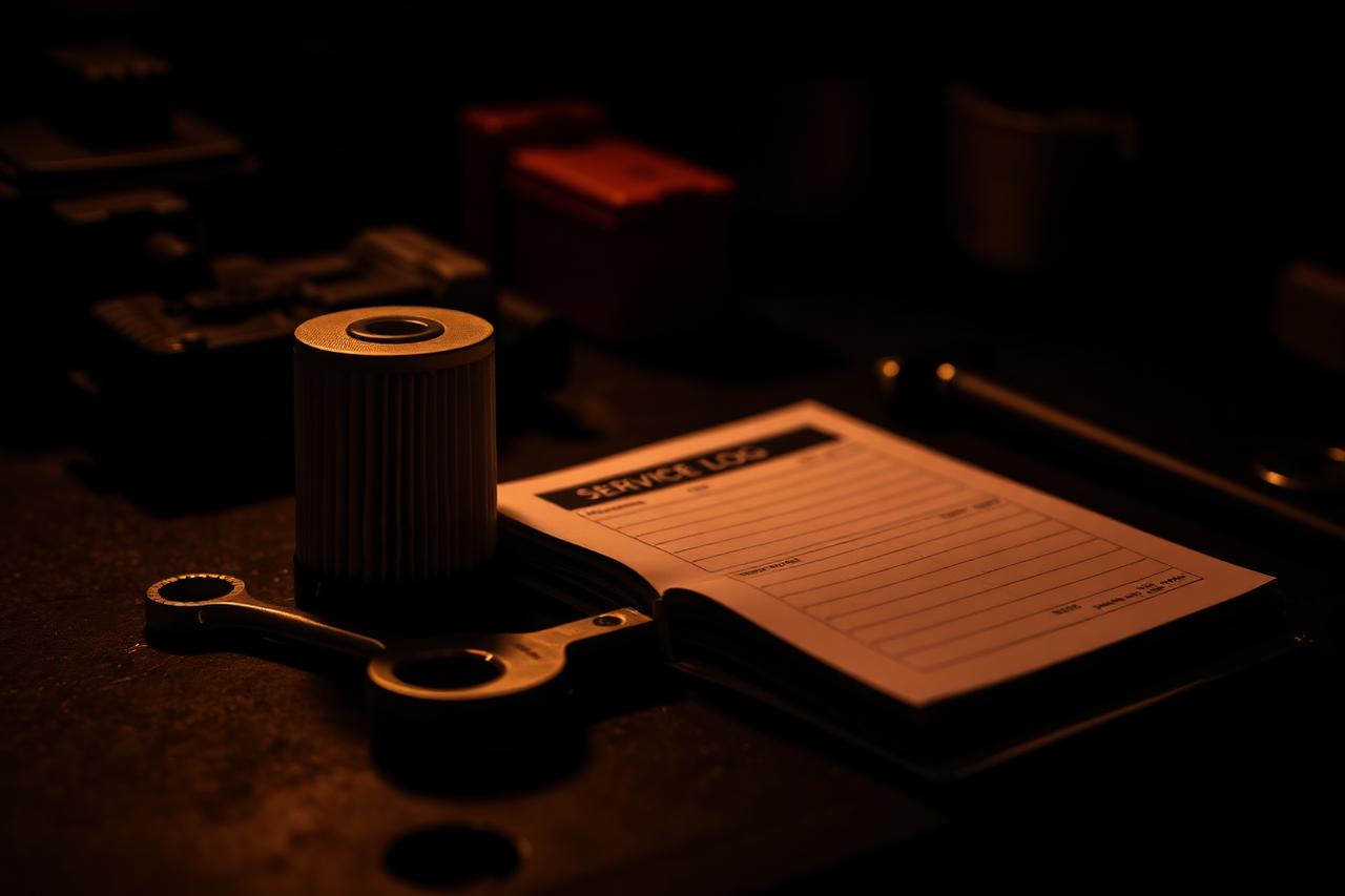 Oil filter, wrench and service log booklet on a dark workbench