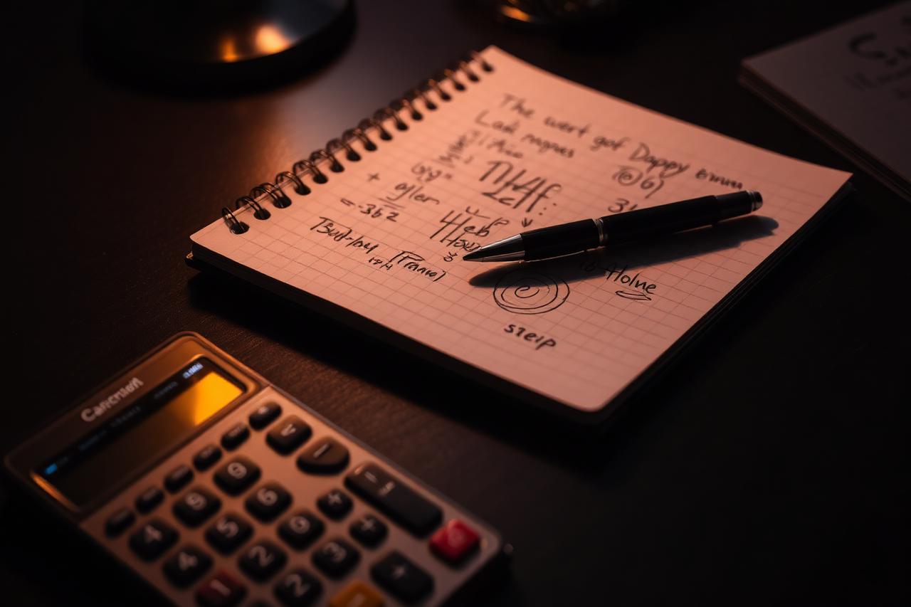 Notepad with handwritten notes, pen and calculator on a dark desk