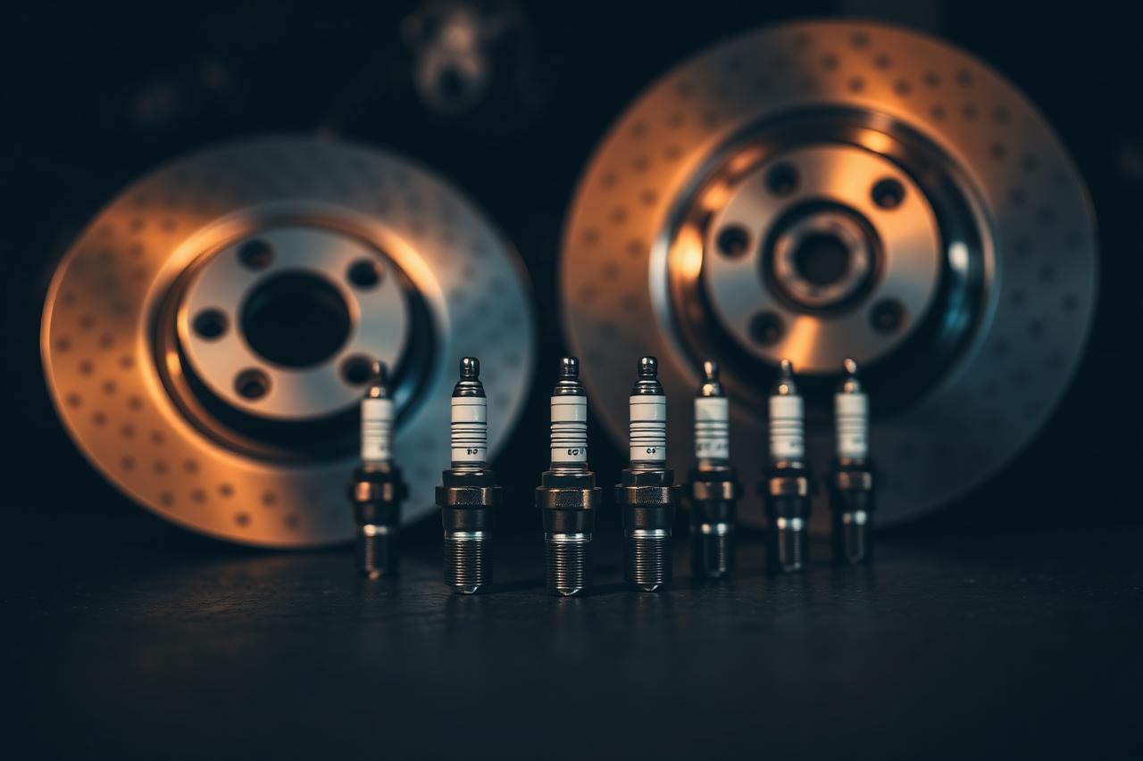 New brake rotors and spark plugs arranged on a dark surface