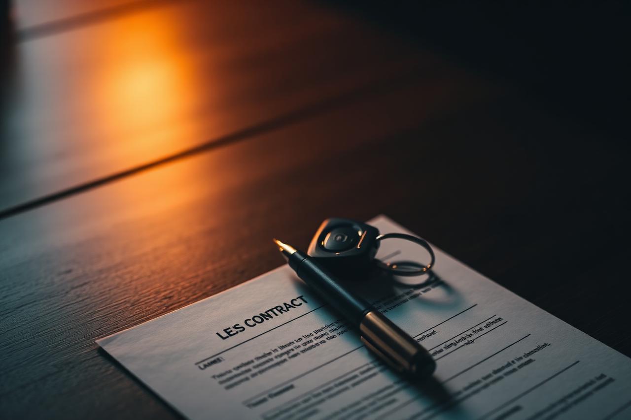 Lease contract page with a pen and single car key on a dark table