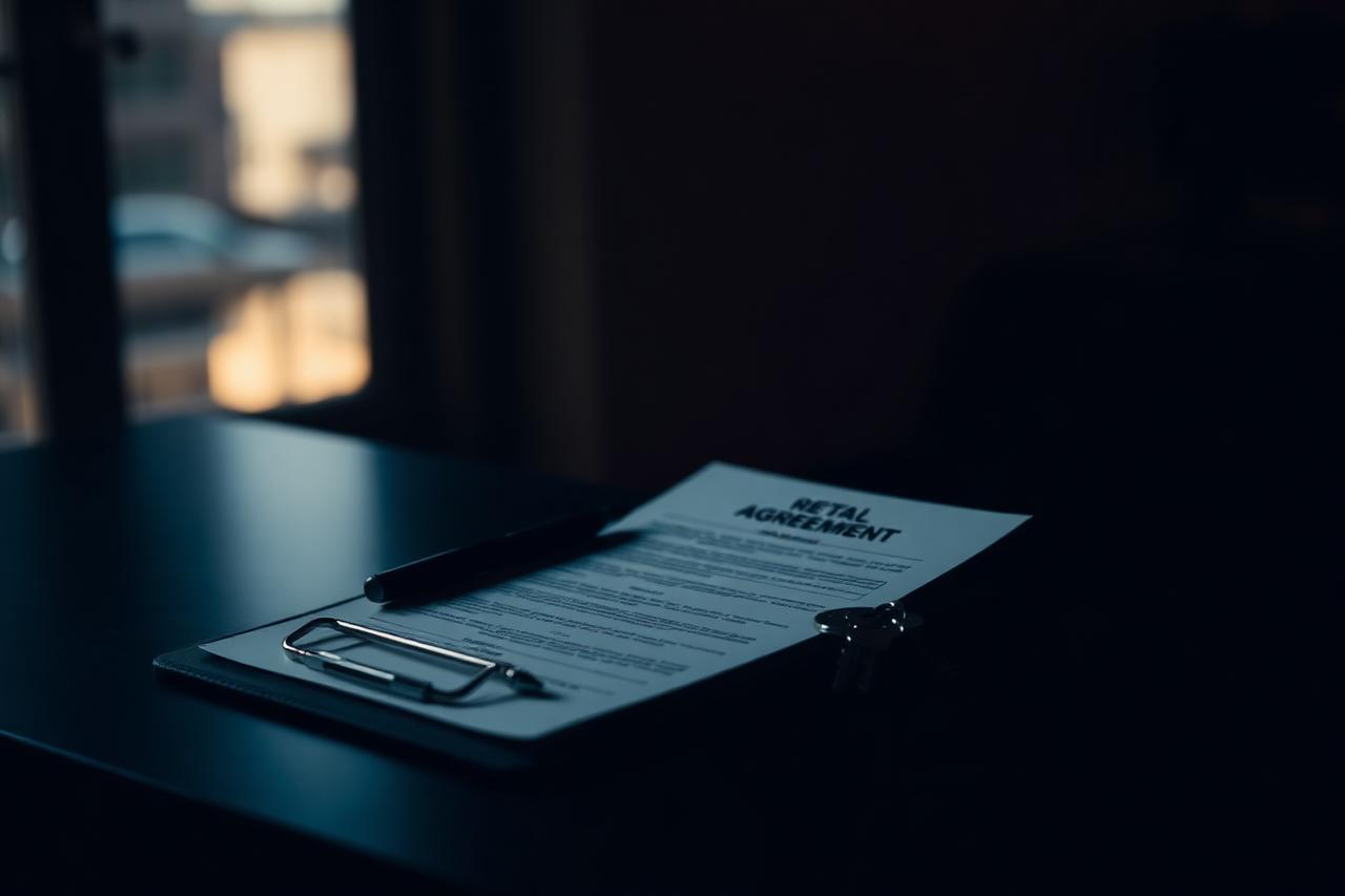 Rental agreement clipboard with a pen and keyring on a dark counter