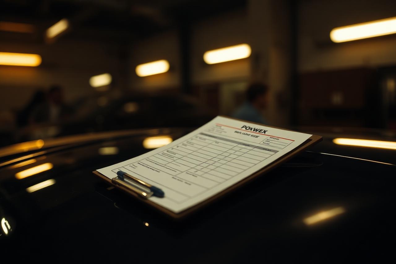 Signed work order form on a clipboard resting on a car hood