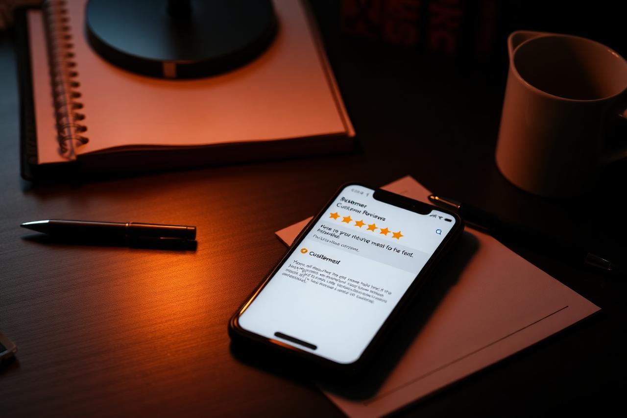 Smartphone showing a customer review with a star rating on a dark desk