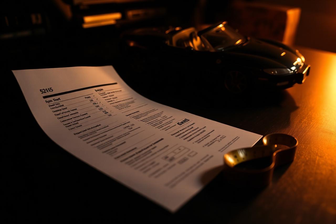 Printed spec sheet page and a measuring tape on a dark desk