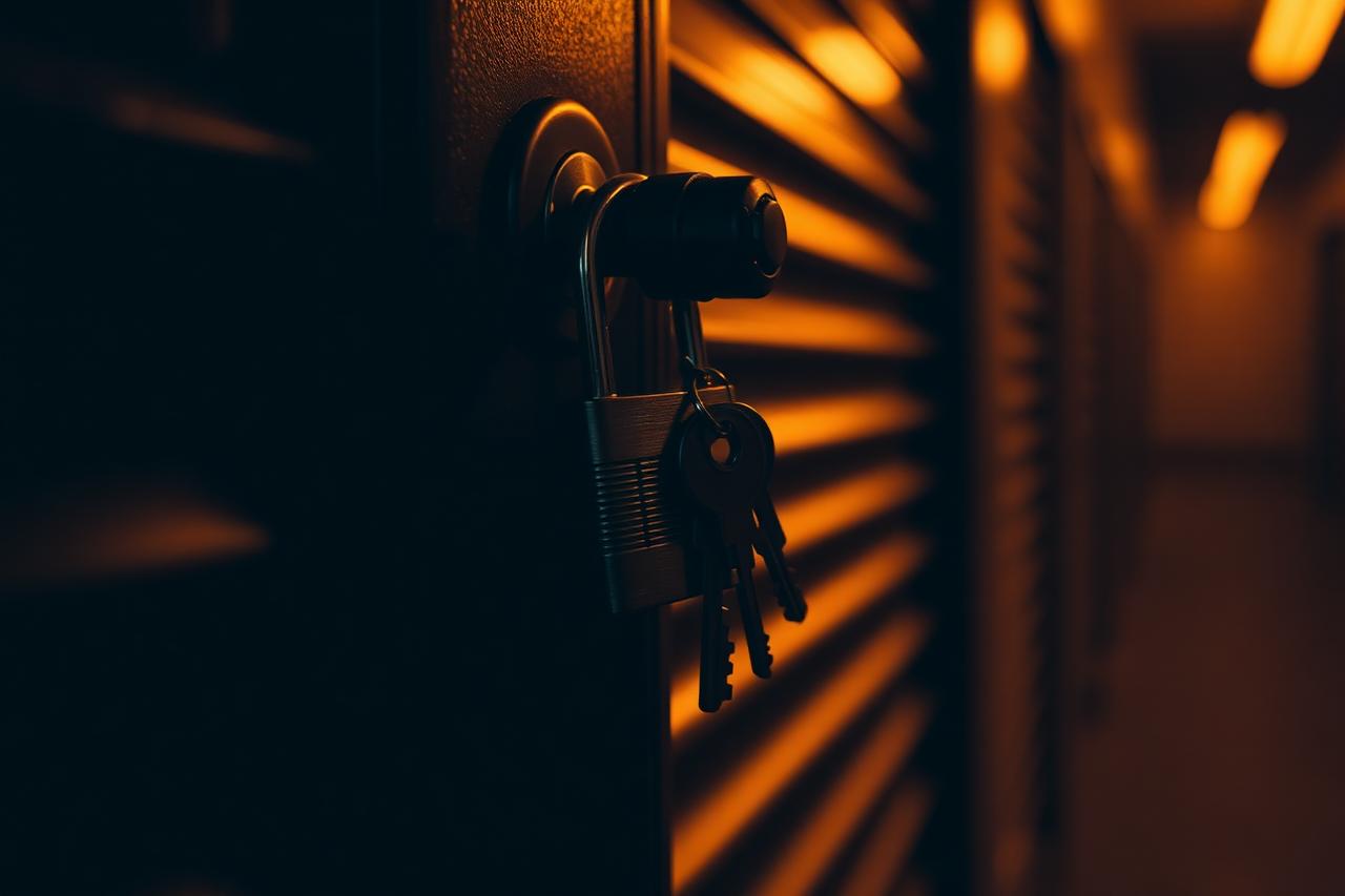 Padlock and keys on a storage unit door handle