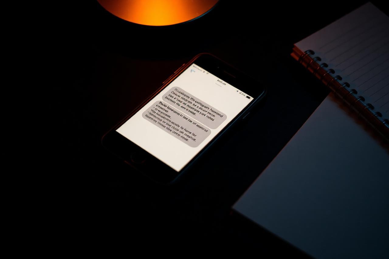 Smartphone showing a follow-up message thread beside a car key