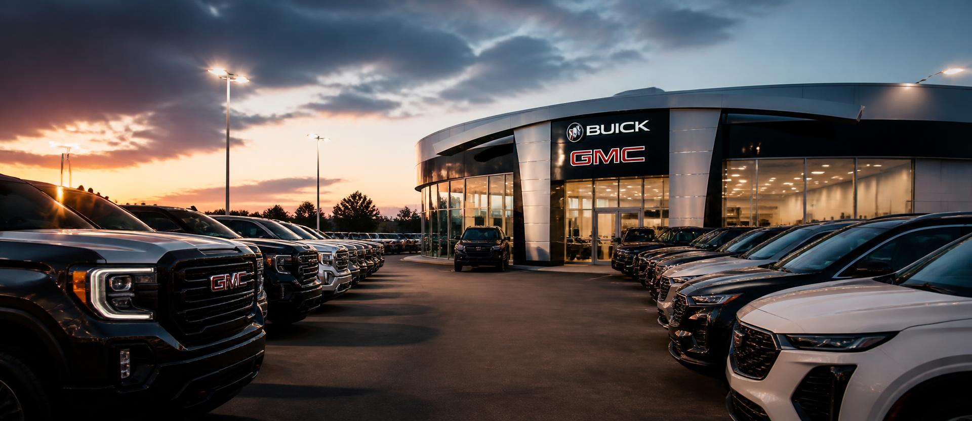 Dealership lot at dusk with rows of vehicles and a lit showroom