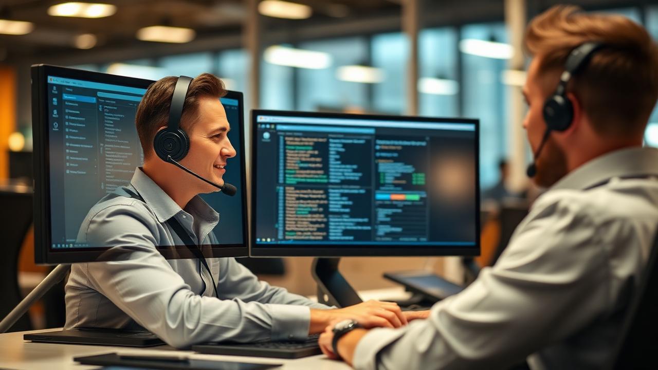BDC agent with a headset replying to internet leads on dual monitors at a dealership desk