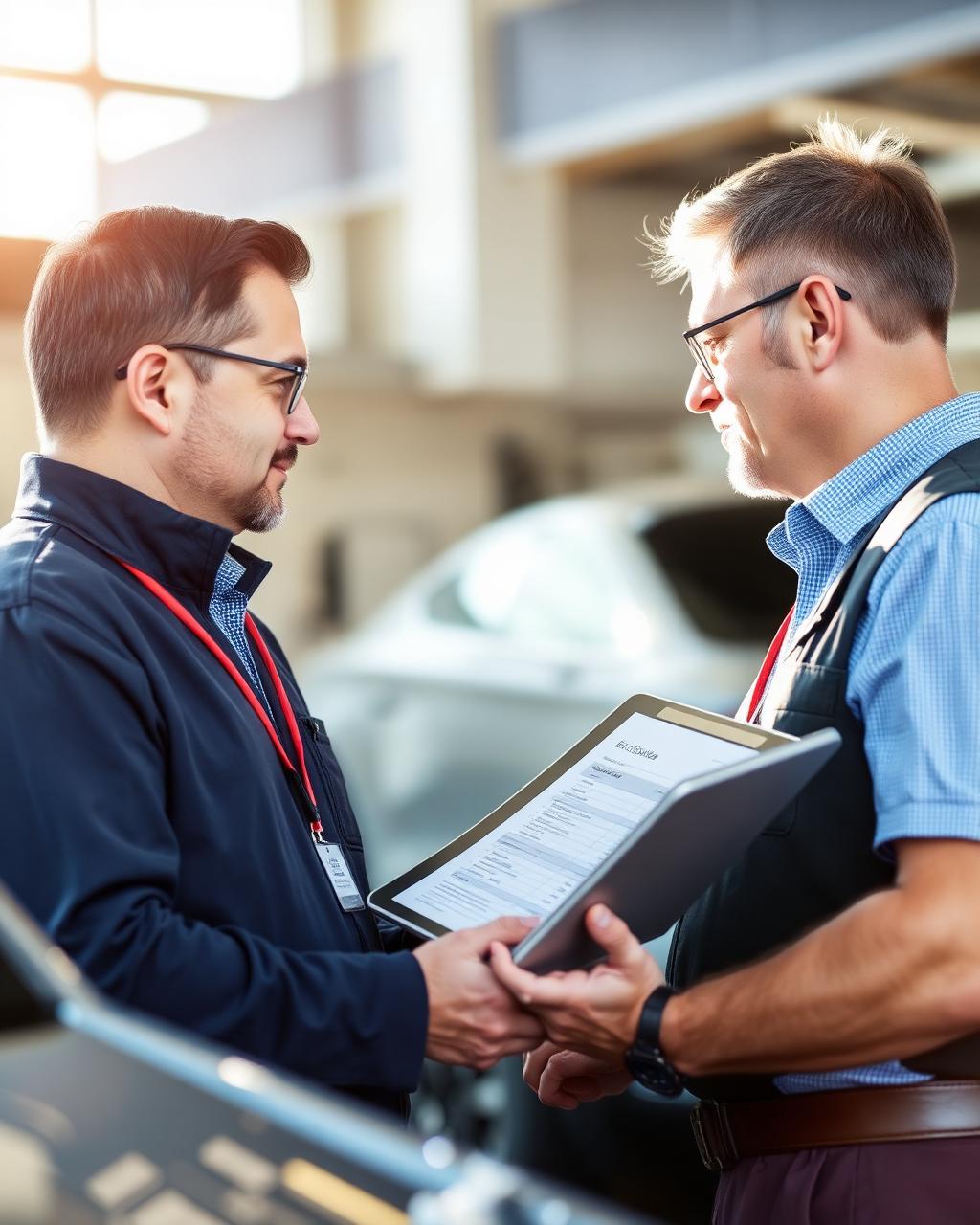 Service advisor reviewing a repair estimate on a tablet with a customer in the service drive