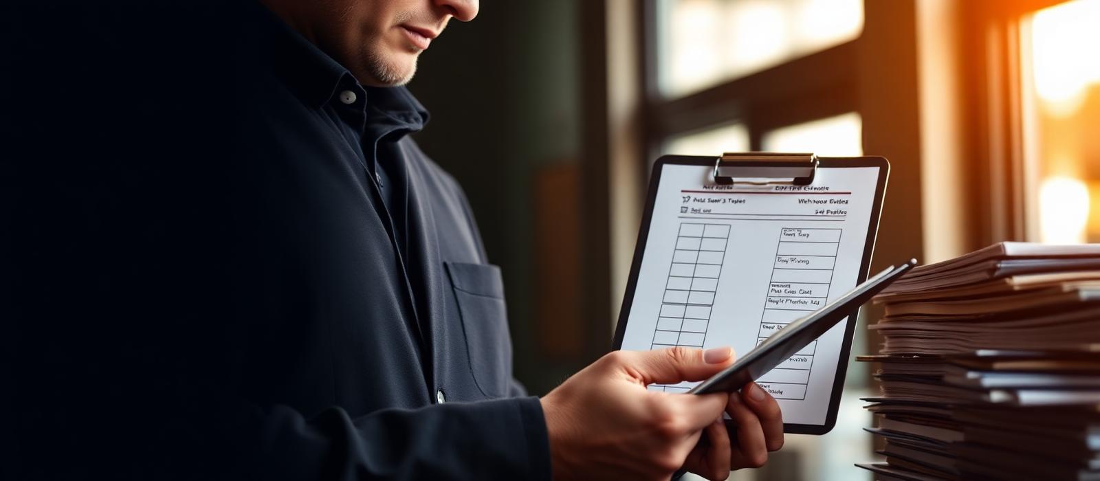 Compliance clerk reviewing a checklist on a clipboard beside stacked document folders
