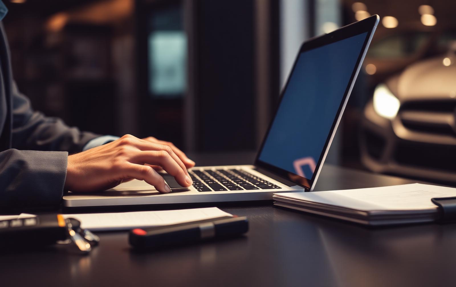 Hands typing on a laptop at a dealership desk beside car keys and a document folder