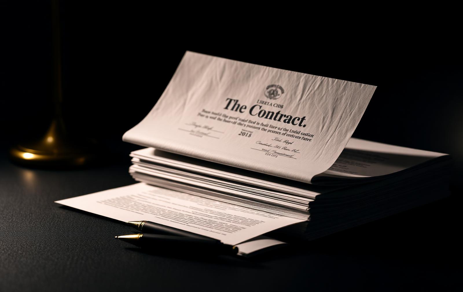 Stacked contract pages and a certificate of title on a dark desk with a pen