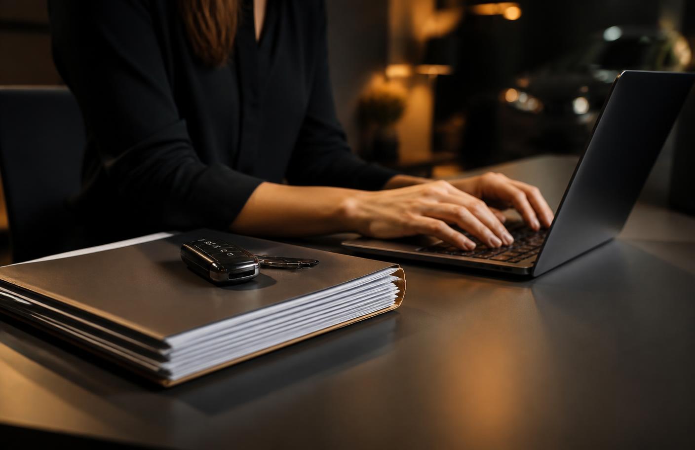Dealership title clerk typing on a laptop beside a vehicle title folder and car keys