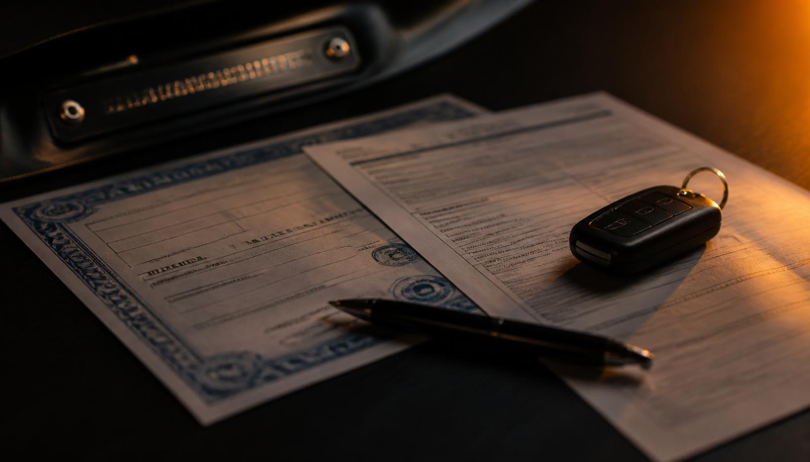 Vehicle certificate of title and odometer disclosure form on a dark desk with a pen and car key