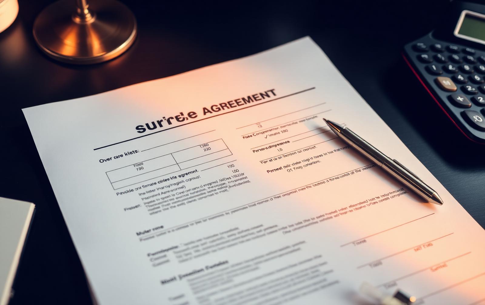 Vehicle purchase agreement contract with figures and a calculator on a dark desk