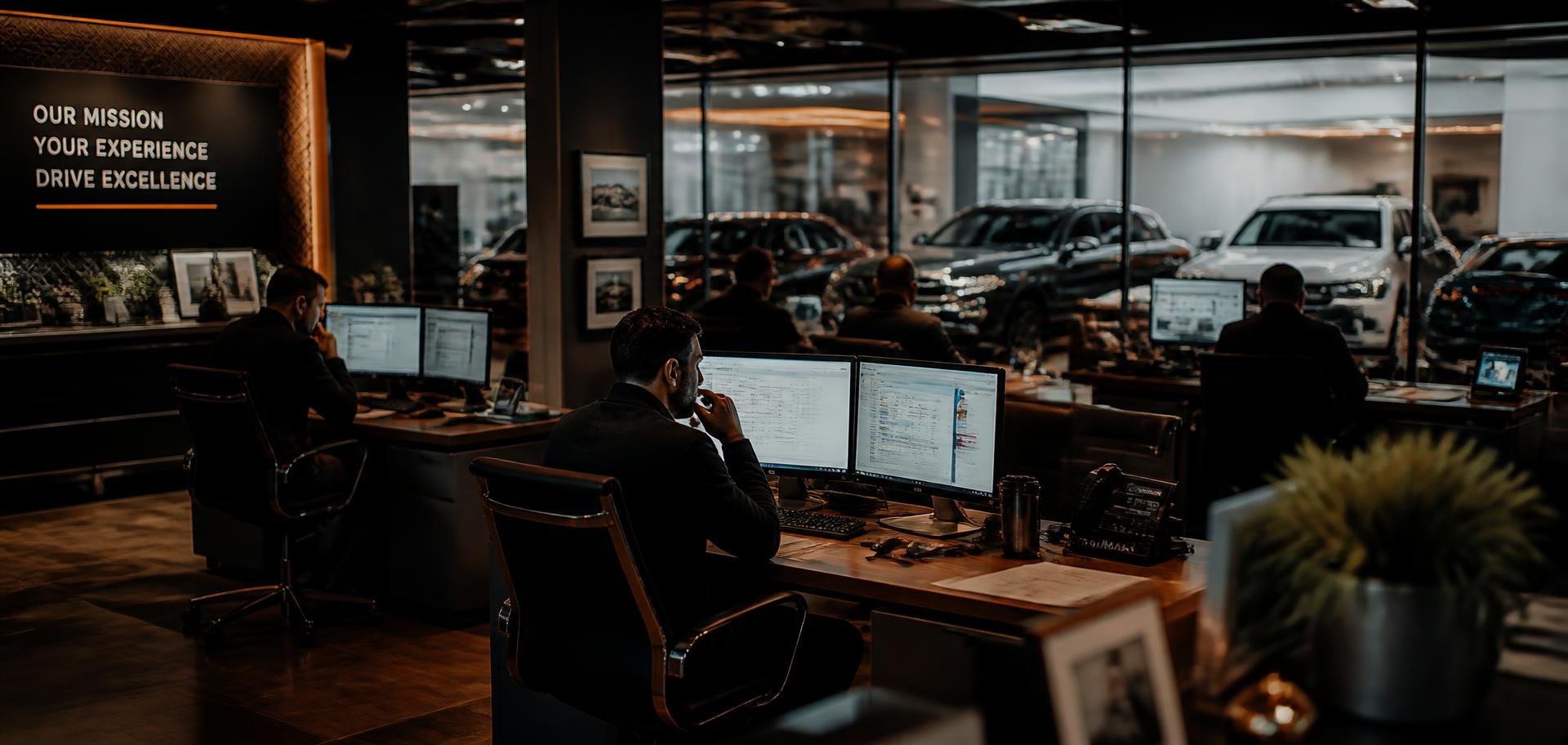 Dealership sales floor with managers working at desks and vehicles behind glass